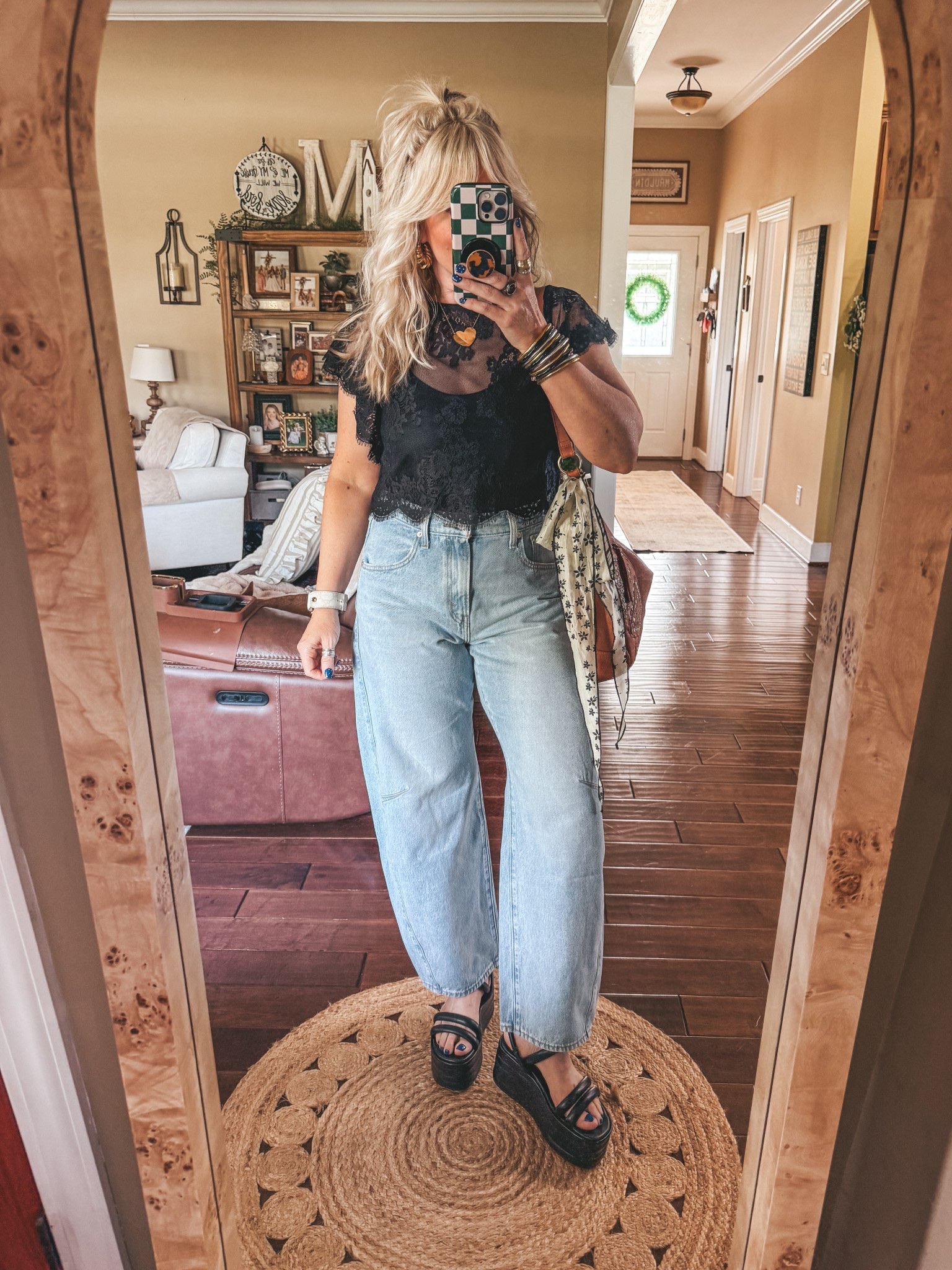 My class reunion fit! We didn’t do a reunion in the fall so getting together tonight. Class of 1995 👏🏼♥️🥰
Lace mesh top M
Levi’s barrel jeans sized up one 
Sandals true to size 
💛SAVE on my gold heart necklace with code MANDIE @kcchicdesigns. With my code it’s only $5 right now. 👏🏼
#springoutfit #meshtop #blacktop #jeans #levis #barreljeans 

#LTKootd #LTKOver40