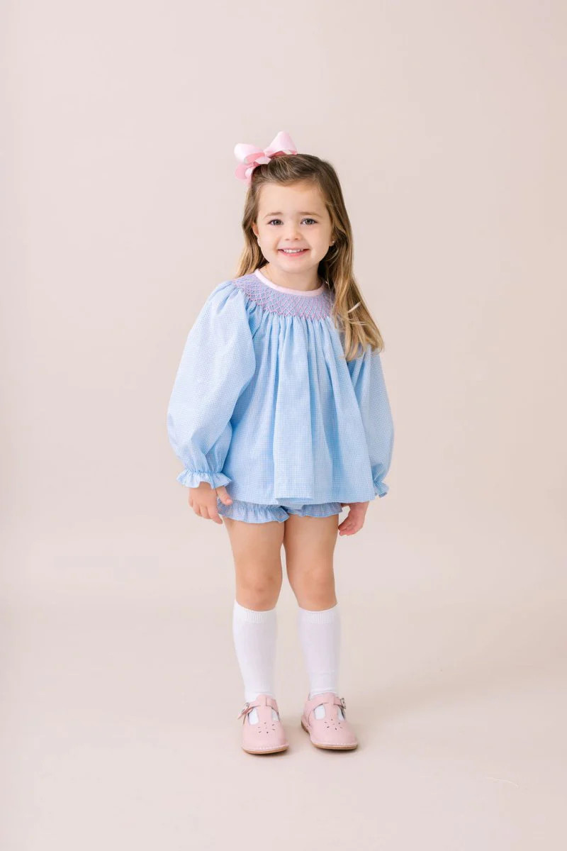 Betsy Bloomer Set Long Sleeve - Baker Blue Minigingham, Polite Pink | Lullaby Set