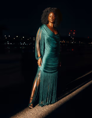 ASOS DESIGN Curve exclusive fringe cowl neck maxi dress with wide sleeves in forest green | ASOS (Global)