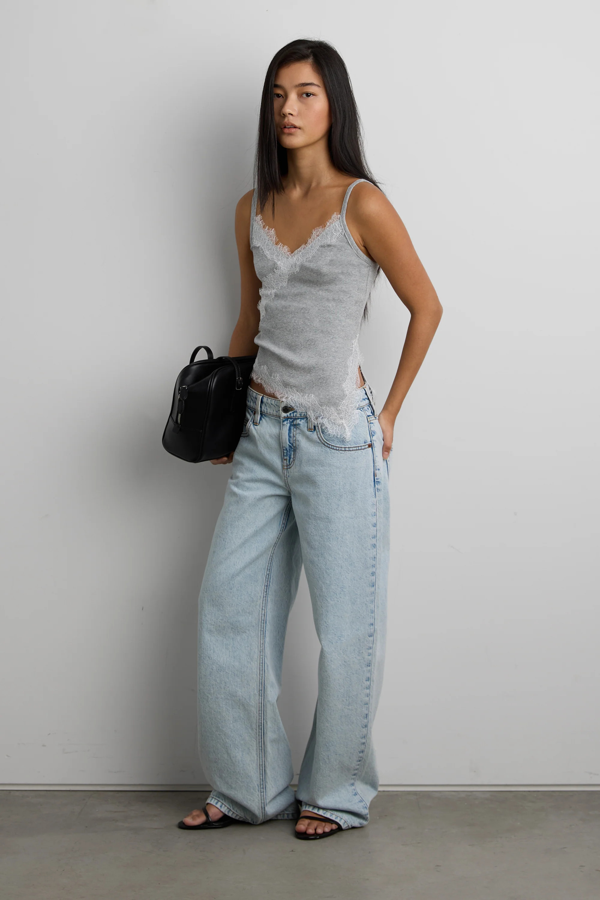 RIBBED ASYMMETRICAL LACE TRIM TANK TOP | OAK + FORT