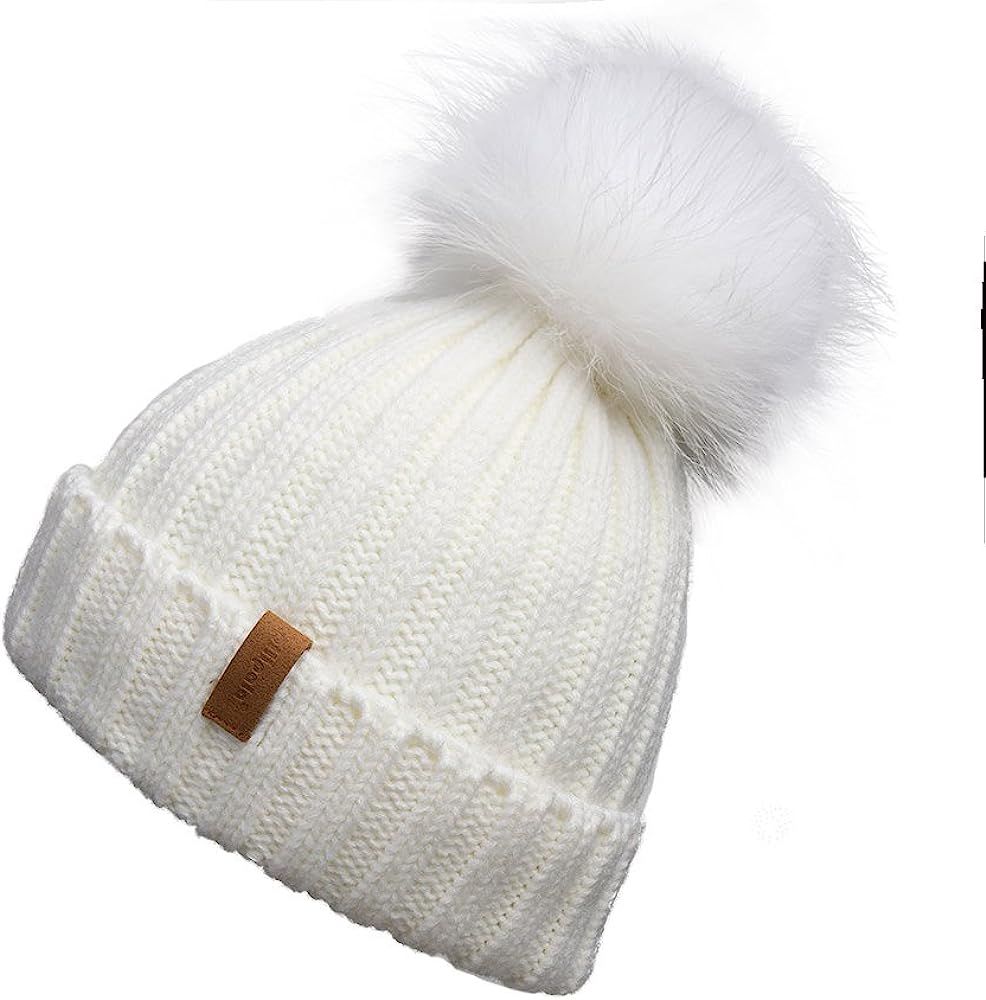 Pilipala Womens Knit Beanies Hats with Fur Pom Bobble Hat Skull Cap Cable Beanie for Women | Amazon (US)