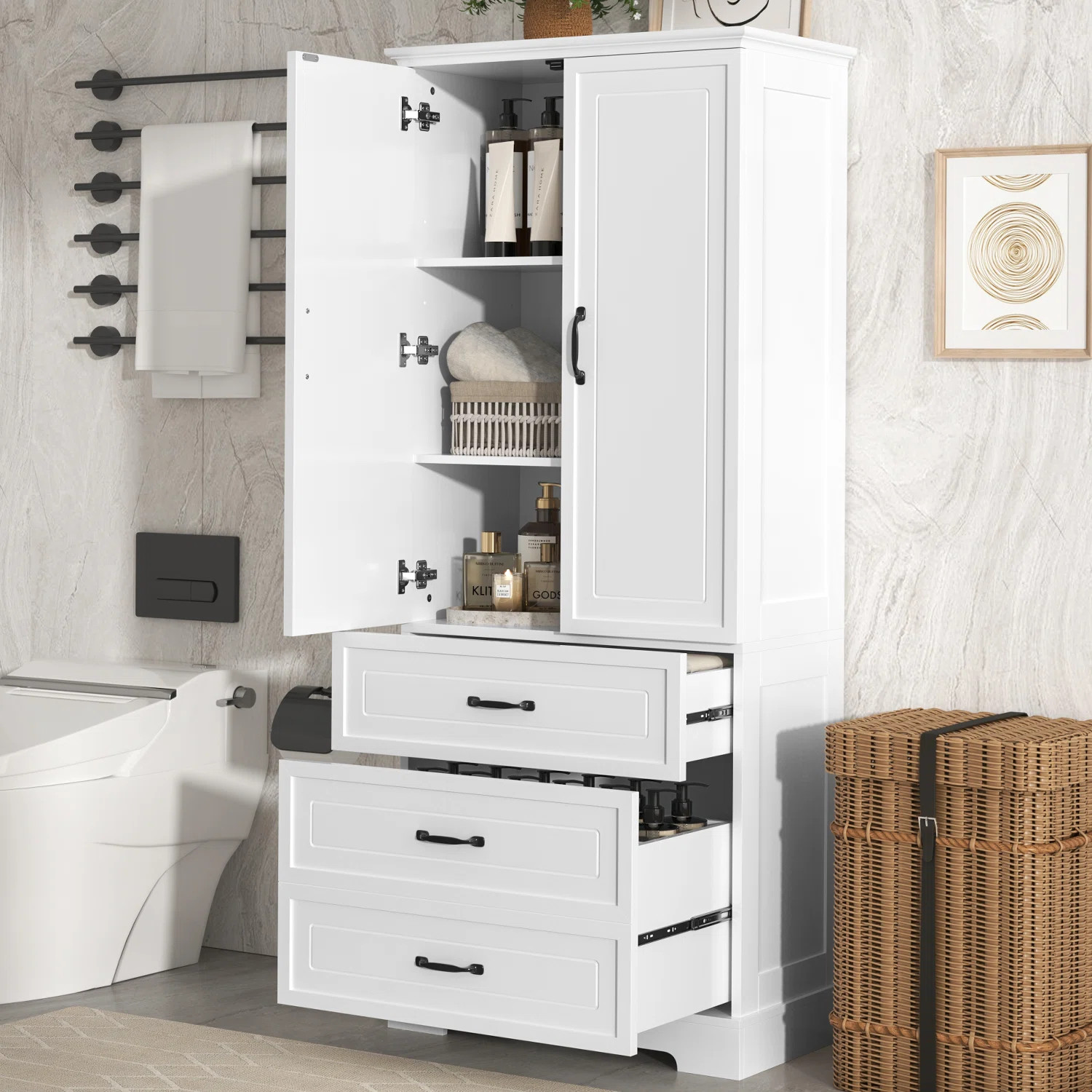 Linda Freestanding Linen Cabinet, Tall Bathroom Cabinet, With Two Drawers, Adjustable Shelves | Wayfair North America