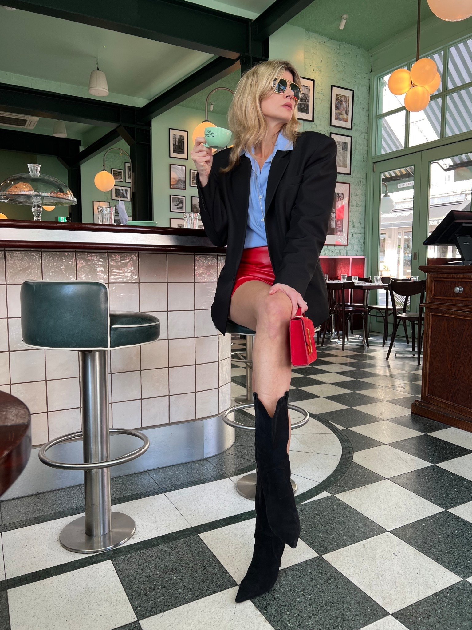 Blue shirt, Frankie shop, suede boots, leather skirt, demellier bag 

#LTKspring #LTKstyletip #LTKeurope