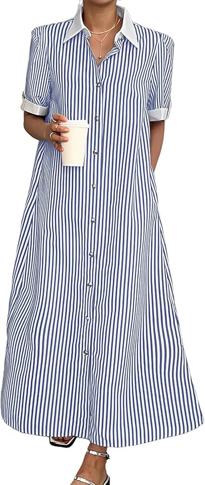 ebossy Women's Loose Striped Shirt Dress Contrast Color Side Slit Belted Maxi Long Dress with Poc... | Amazon (US)