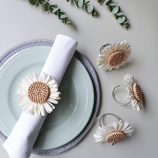 Woven Sunflower Napkin Rings Set of 4, Handmade Faux White Daisy Napkin Ring, Braided Cotton Thre... | Amazon (US)