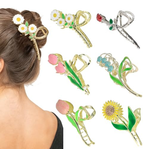 6 Pcs Flower Claw Clips for Women，Cute Hair Clips Large Strong Metal Butterfly Tulip Flower Hair Clips for Women Thick Thin Curly Hair Valentine's Day,Mother's Day,Christmas Gift..(STYLE A) | Amazon (US)