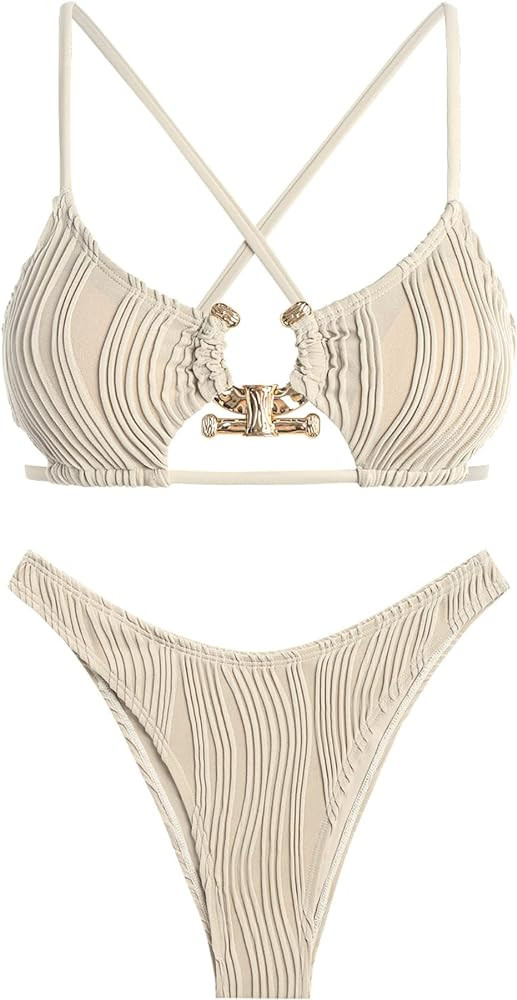 ZAFUL Women's Cutout Bikini Criss Cross Textured Metal High Leg Bikini Sets Cheeky Swimwear Two P... | Amazon (US)