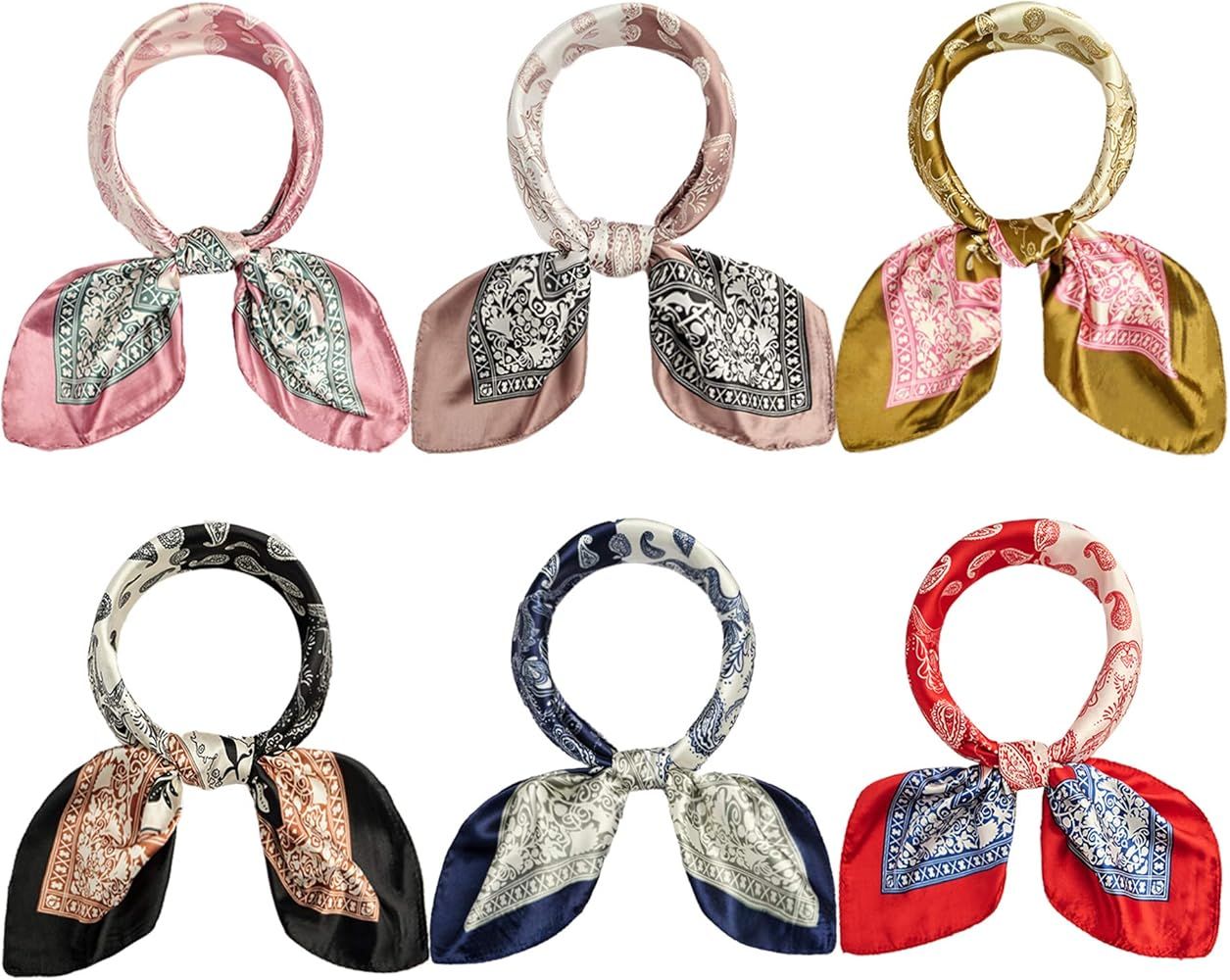 6Pcs Square Silk Satin Scarf Head Neck Scarf for Women Hair Tie Band Accessoriy | Amazon (US)