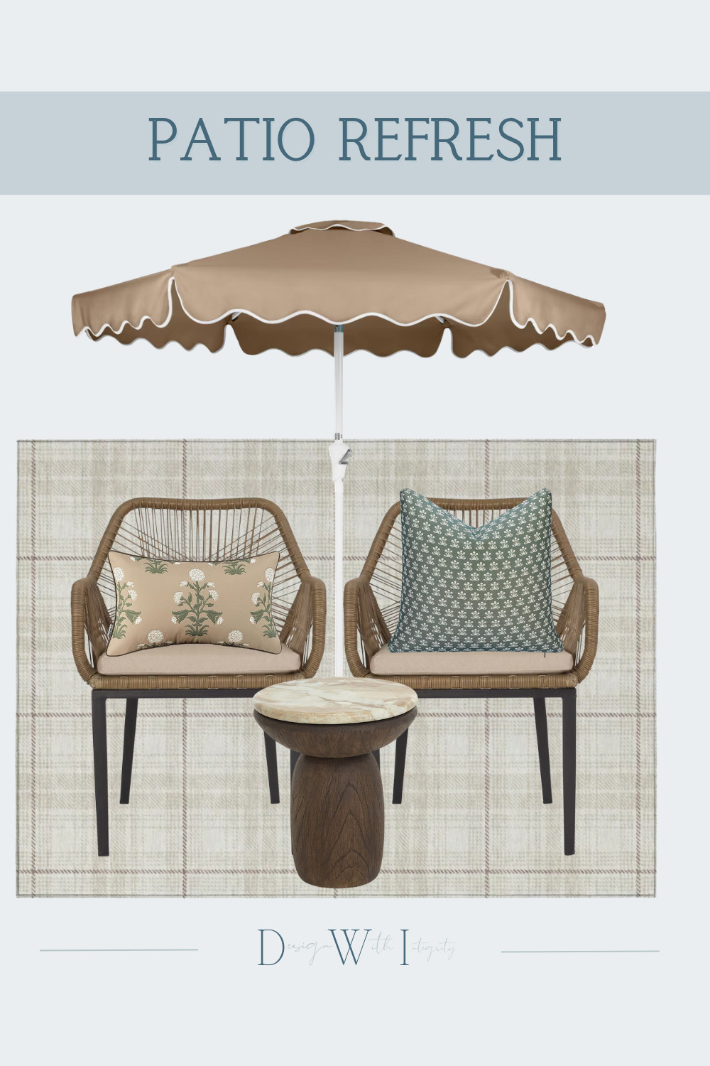A little pattern and texture can completely transform an outdoor seating area. This patio pairing combines warm woven chairs with earthy botanical prints, soft sage green, a tailored plaid rug, and a sculptural wood accent table for a collected look that feels relaxed yet polished.

I love how the mix of small scale florals and botanical motifs adds personality without overwhelming the neutral foundation. Tap through to shop the pillows and patio selections and recreate the look for your own outdoor space.

#OutdoorLiving #PatioDecor #OutdoorPillows #PatioInspiration #OutdoorDecor #PatioRefresh #OutdoorFurniture #DesignerStyle

outdoor pillows, patio pillows, green outdoor pillows, neutral outdoor pillows, botanical pillows, floral pillows, outdoor accent pillows, patio refresh, outdoor living, patio decor, woven patio chairs, outdoor chairs, neutral outdoor rug, plaid outdoor rug, patio umbrella, outdoor side table, backyard decor, outdoor furniture, designer patio, shop the look 

 #LTKSeasonal #LTKHome
