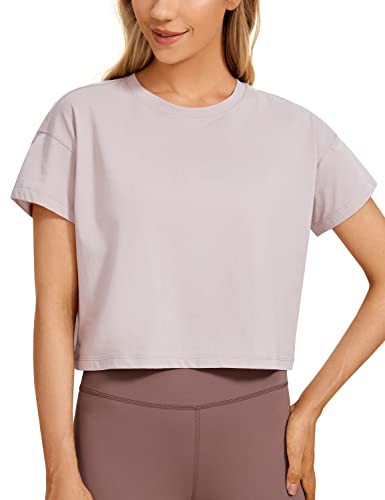 CRZ YOGA Women's Pima Cotton Workout Short Sleeve Shirts Loose Athletic Crop Tops Gym Casual Crop... | Amazon (US)