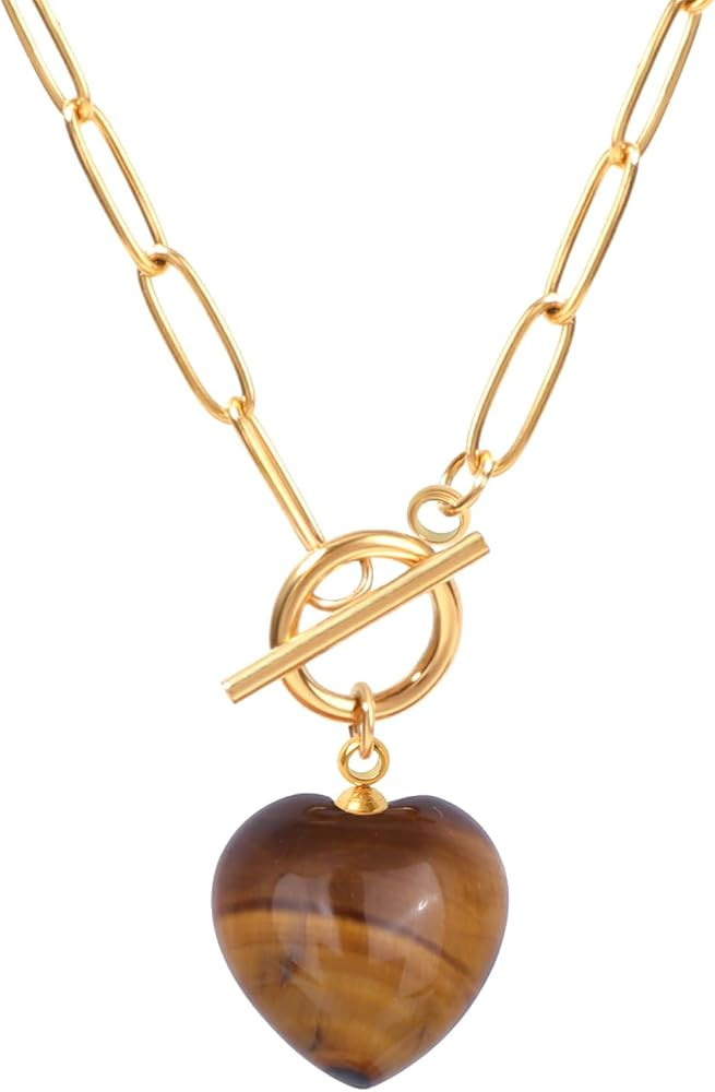 Heart Gemstone Paperclip Toggle Necklace Dainty Size 8 * 10mm Emerald Cut Birthstone Necklace Nat... | Amazon (US)