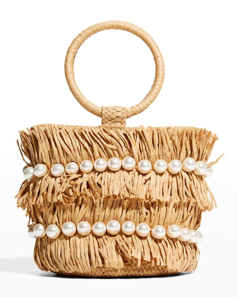 BTB Los Angeles Skylar Straw Pearly Bucket Bag | Neiman Marcus