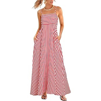 CUPSHE Womens Summer Maxi Dress Casual Sleeveless Square Neck Striped Beach Long Dress with Pocke... | Amazon (US)