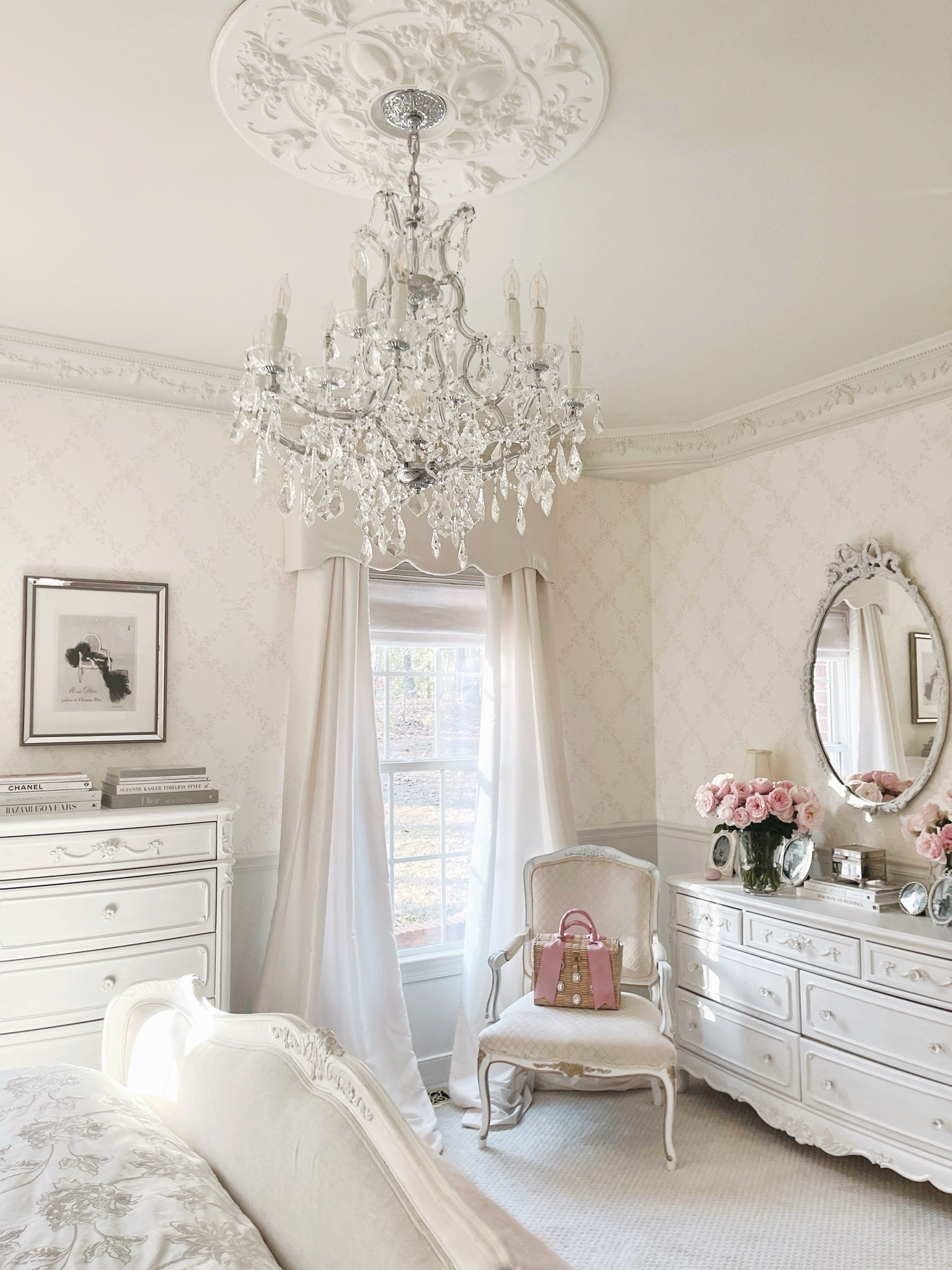 Still in awe of how this space came together 🤍 it feels so peaceful and has been just what I’ve needed ✨

Chandy @crystorama 
Bed @eloquenceinc 
Blooms @gracerosefarm 
Wallpaper @wallpaperdirect 
Crown Moulding @architecturaldepot
Roman Shades @twopagescurtains 



#LTKStyleTip #LTKHome #LTKSeasonal