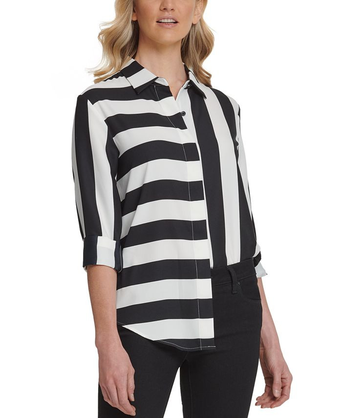 DKNY Mixed Stripe Button Down Shirt & Reviews - Tops - Women - Macy's | Macys (US)