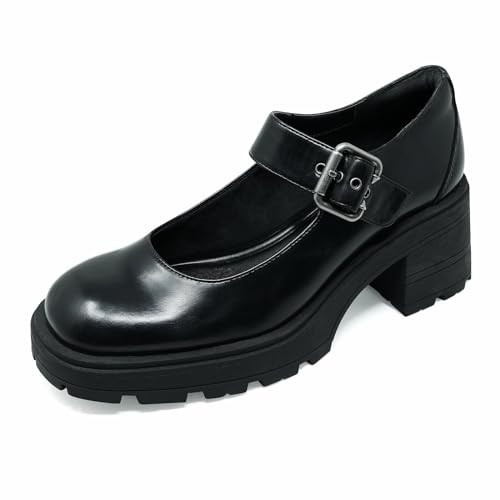 JENN ARDOR Women's Chunky Block Heels Mary Jane Round Closed Toe Ankle Buckle Strap Comfortable Low Platform Gothic Work Shoes Dress Wedding Pumps Black | Amazon (US)