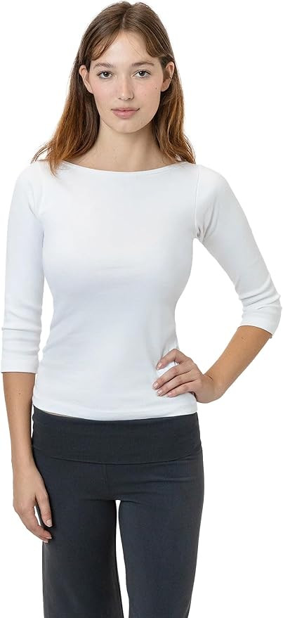 LOS ANGELES APPAREL Womens Baby Rib 3/4 Sleeve Boatneck Top - Striped Long Sleeve Shirt | Amazon (US)