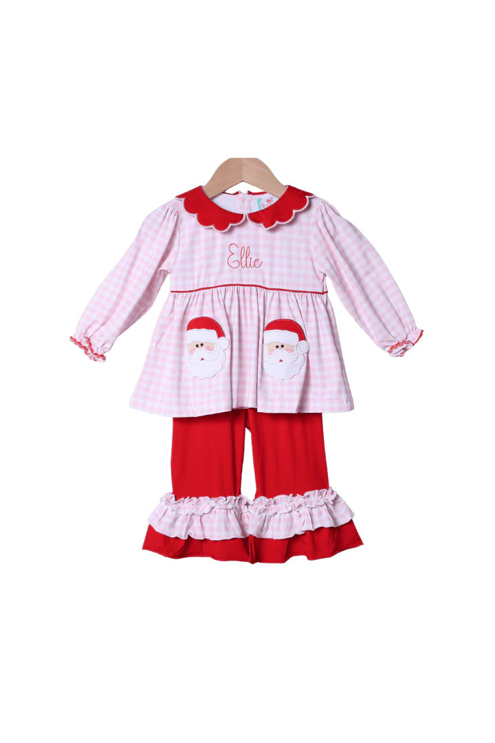 Applique Santa Pocket Pink/Red Gingham Pant Set | The Smocked Flamingo