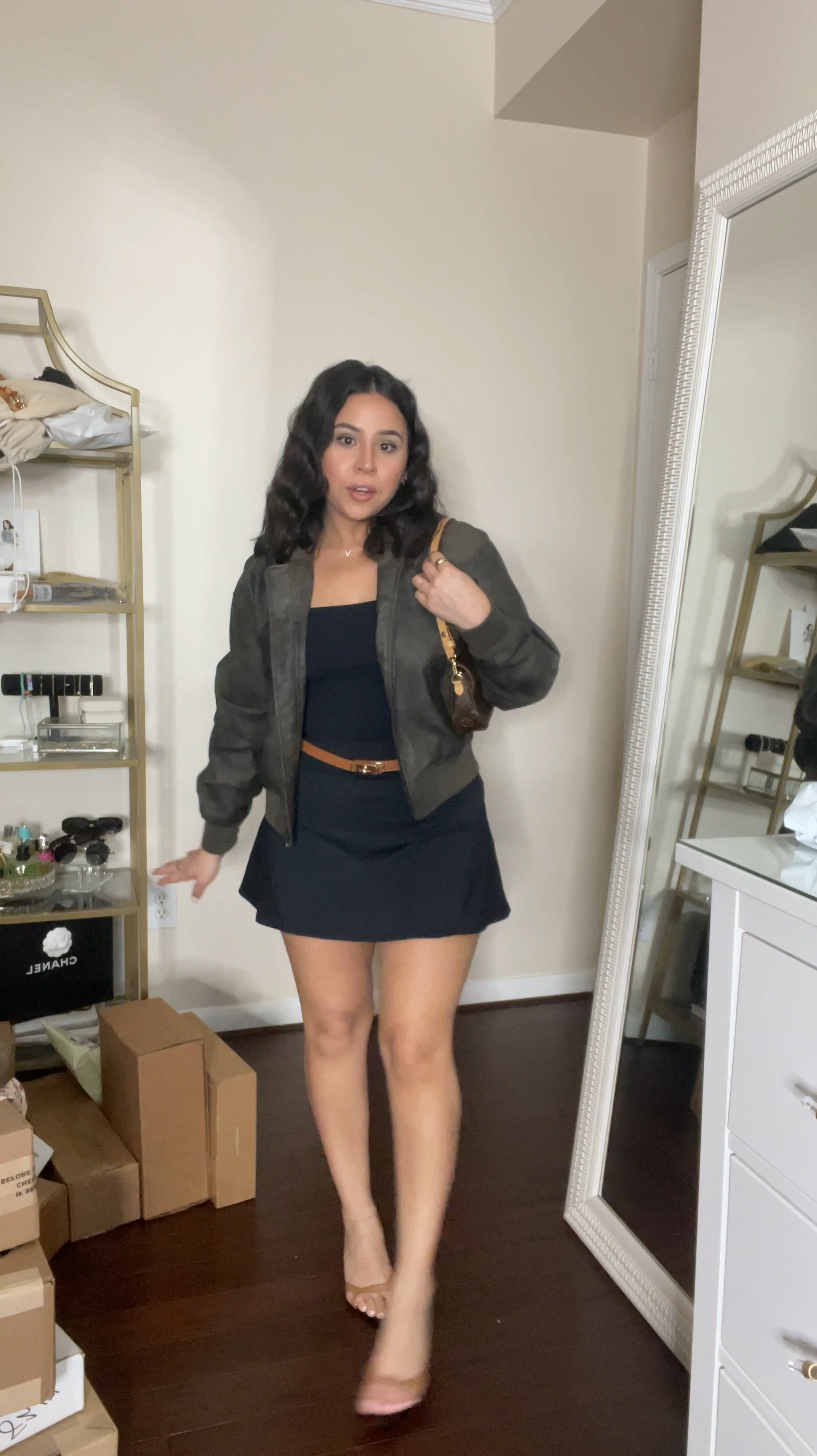 Dinner + drinks outfit idea 
Active skort: small 
Black square neck bodysuit: small 
Distress faux leather jacket: small
Tan kitten heels: 6.5
Brown belt 
Louis Vuitton ivy wallet in chain 
Mugler angel fantasm 
Sol de Janeiro 59 body mist 
Dibs bronzer stick in "unbothered bronze”

#LTKFindsUnder100 #LTKStyleTip #LTKPetite