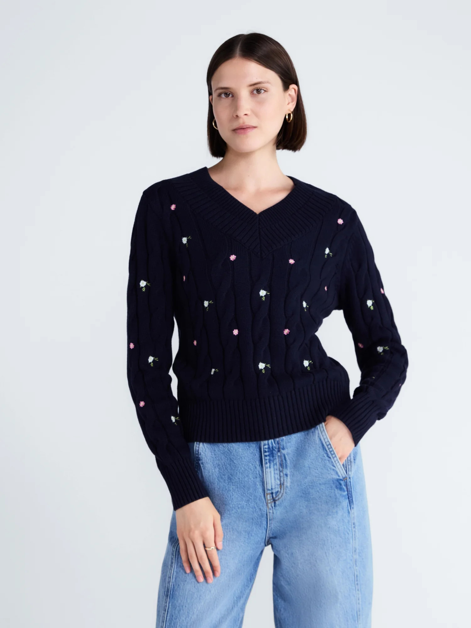 Free Assembly Women's and Women's Plus Cotton Cable Knit Sweater, Midweight, Sizes XS-4X | Walmart (US)
