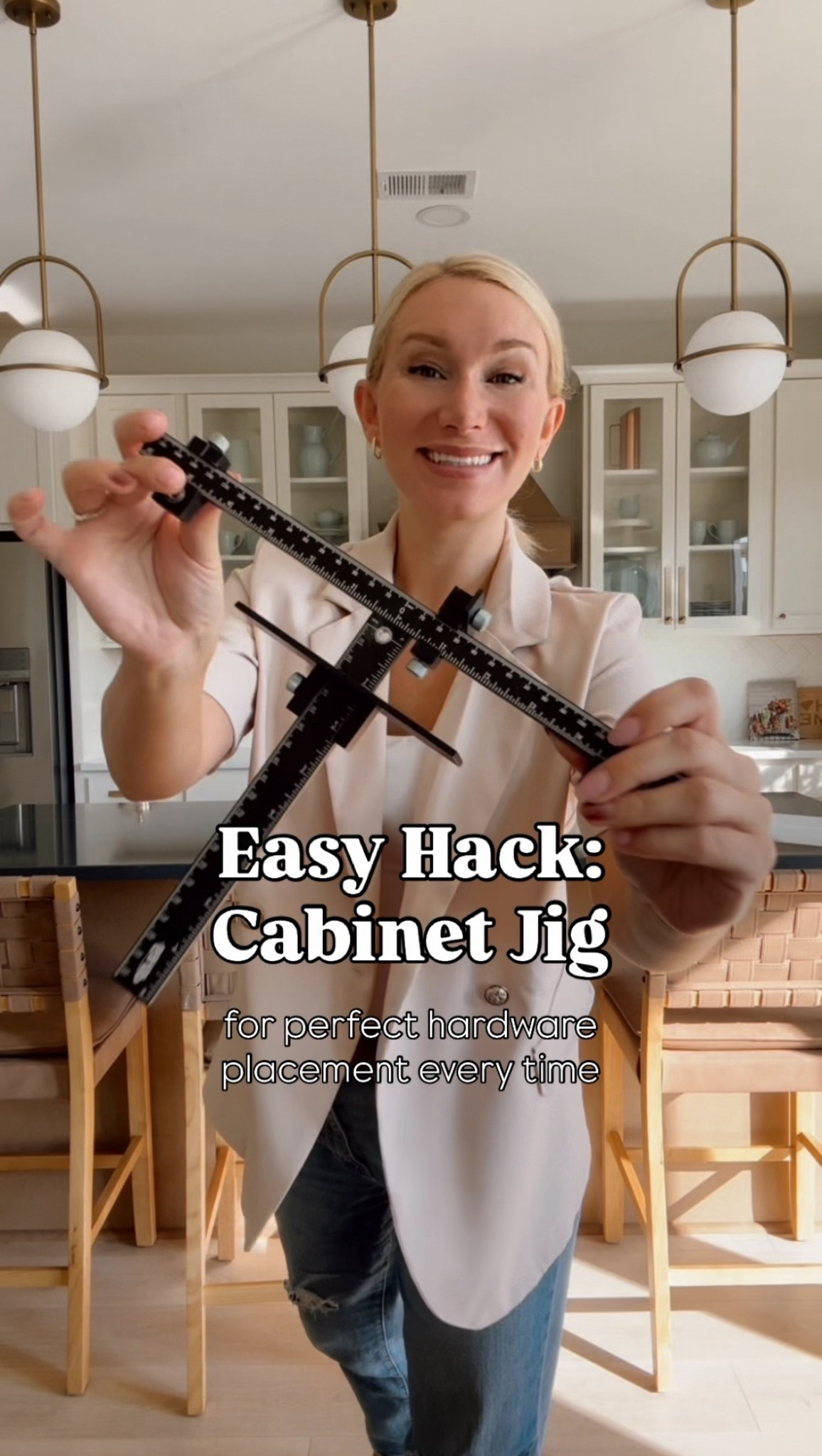Adding cabinet hardware made simple with this affordable cabinet jig. 

#kitchenreno #kitchentools #diykitchen #cabinetry #cabinethardware #cabinetjig

#LTKHome #LTKSaleAlert #LTKFindsUnder50