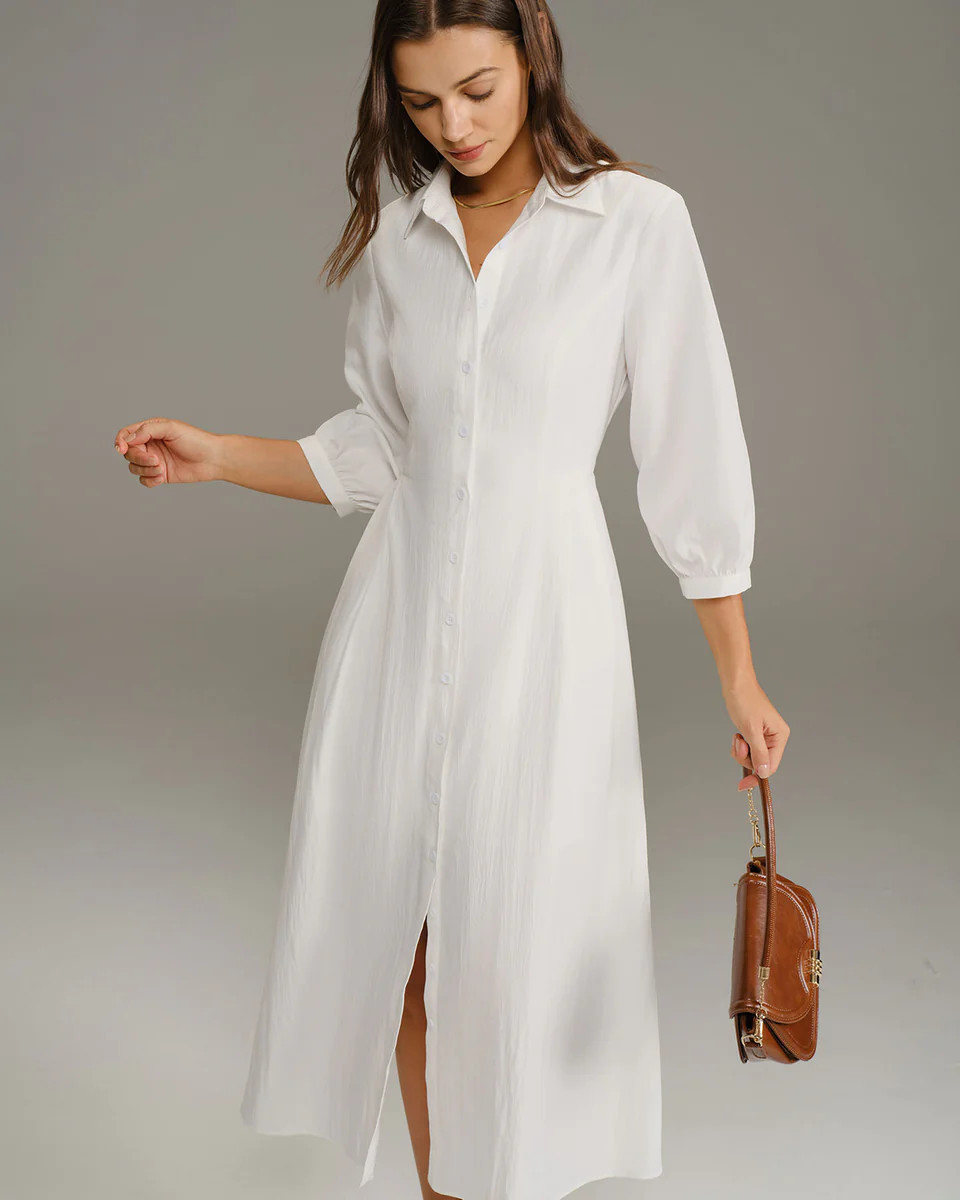 White A-Line Button Midi Dress | rihoas.com