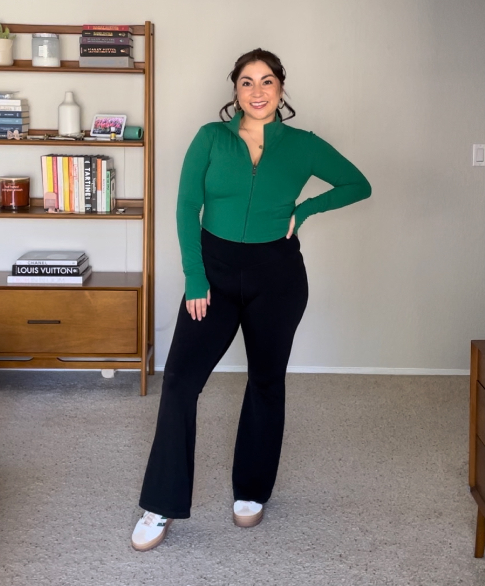 3 outfits; 1 shoe 

Shoe: The green/sand gazelle platform 

Wearing a size M in the jacket & a M short in the crossover flare leggings

#LTKmidsize