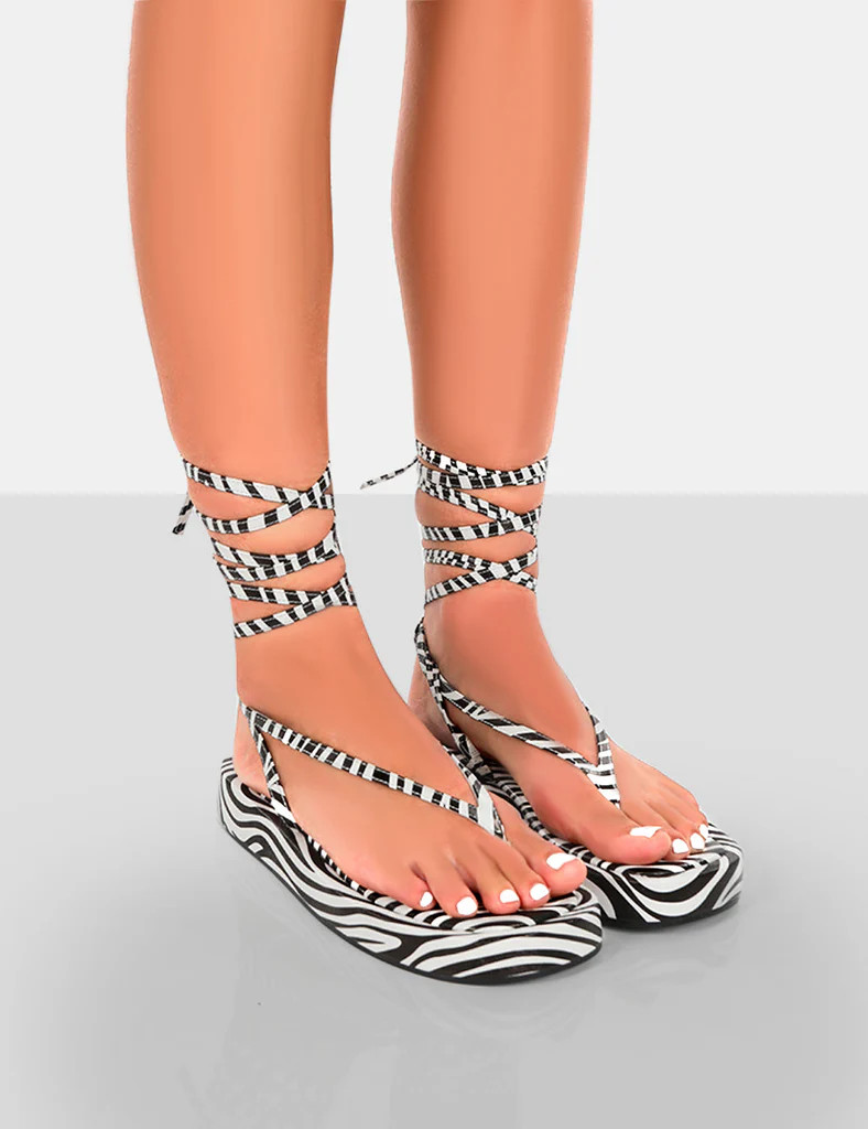 Beach Babe Zebra Lace Up Toe Thong Flatform Sandals | Public Desire (US & CA)