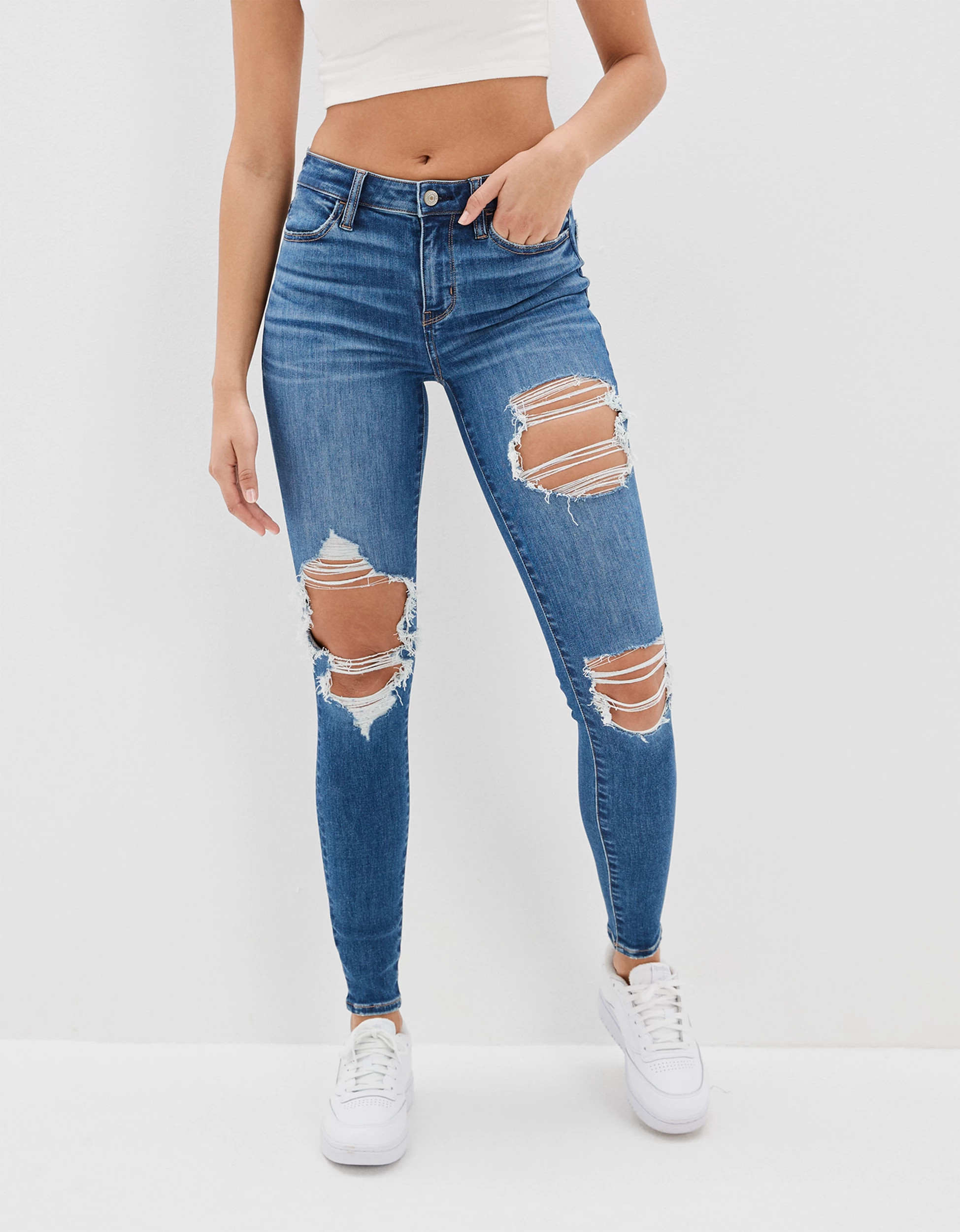 AE Real Good Upcycled Ne(x)t Level Ripped High-Waisted Jegging | American Eagle Outfitters (US & CA)