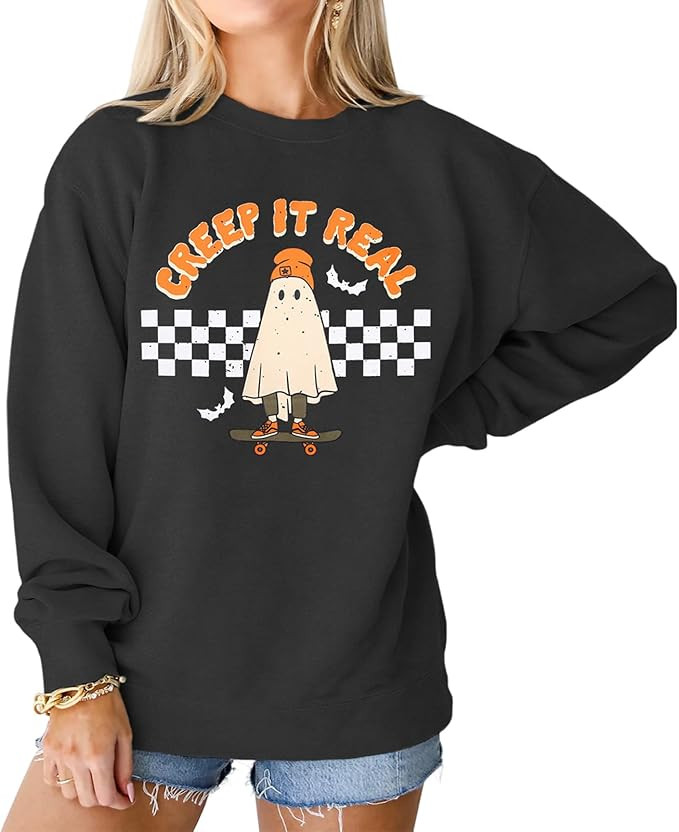 IZYJOY Creep It Real Halloween Sweatshirt Checkered Ghost Skateboard Crewneck Pullover Tops Spook... | Amazon (US)