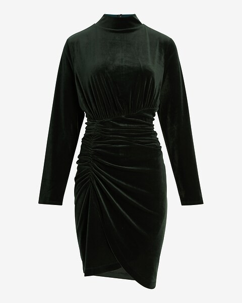 Velvet Body Contour Mock Neck Ruched Mini Dress | Express