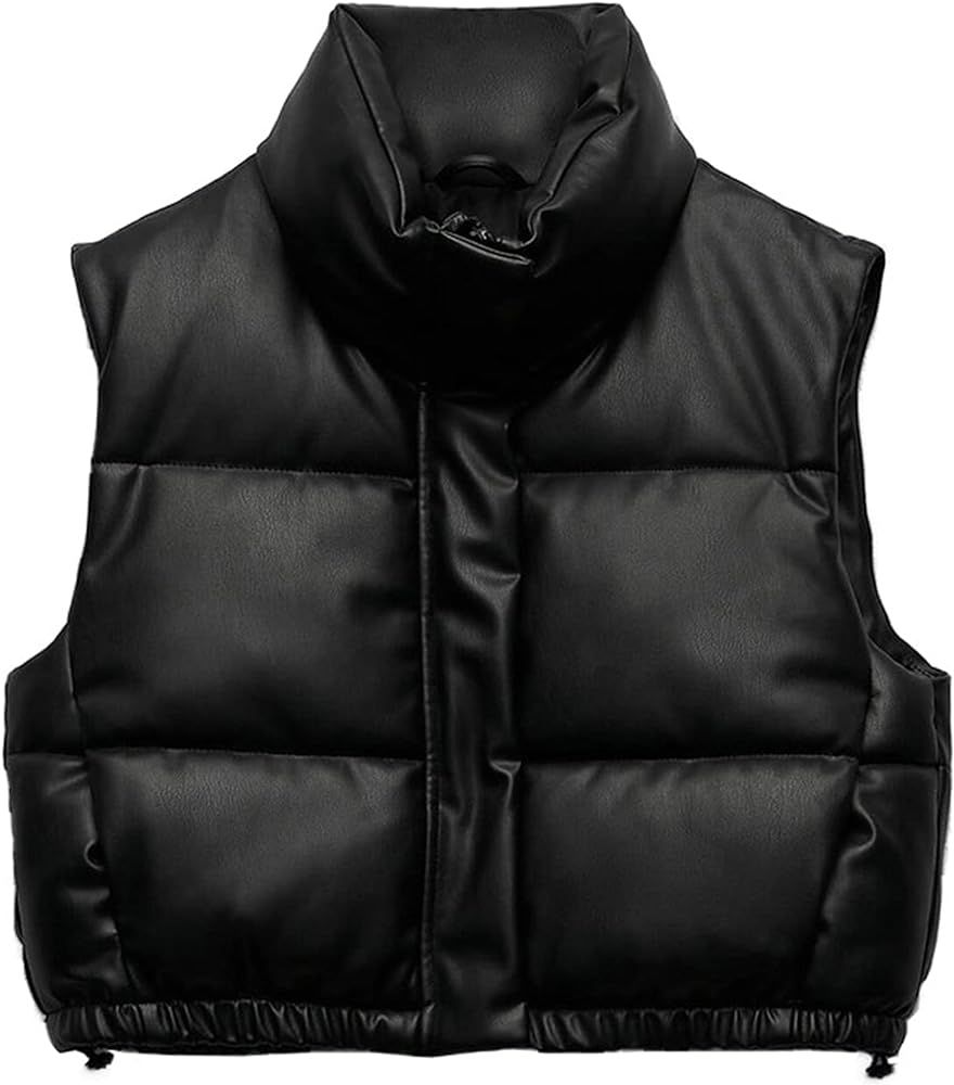 Lumister Womens Faux Leather Puffer Vest PU Leather Padded Cropped Vest Sleeveless Stand Collar G... | Amazon (US)