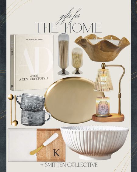 Gifts for the home include decorative bowl, marble personalized cheese board, gold tray, glass coffee mugs, candle warmer, wooden bowl candle, coffee table book, and match cloche.

Home decor, gifts for the home, gift guide, gifts for the decorator, home gifts

#LTKfindsunder100 #LTKstyletip #LTKGiftGuide