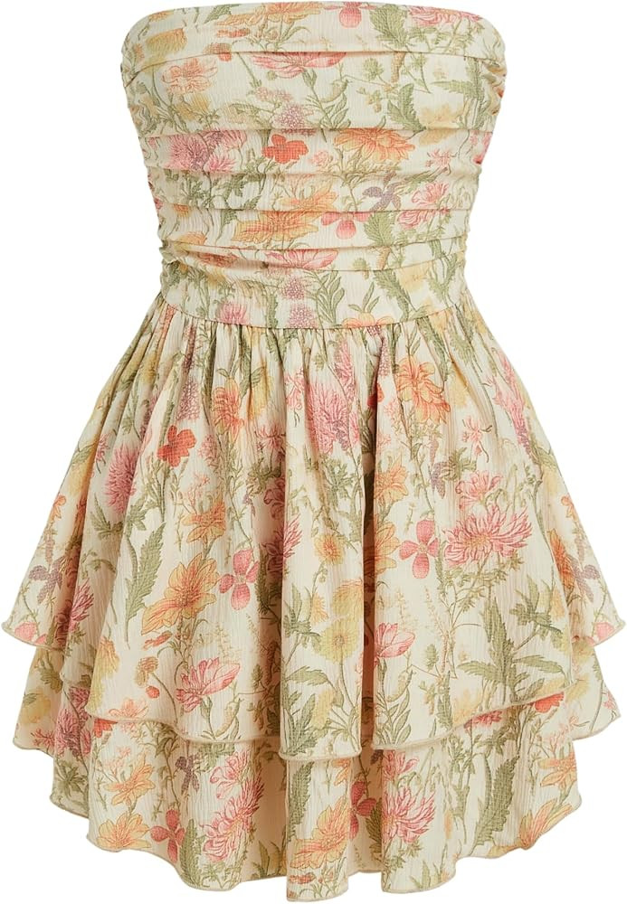 CIDER Women's Summer Cocktail Dress - Tube Ruched Ruffle Mini Dress | Amazon (US)