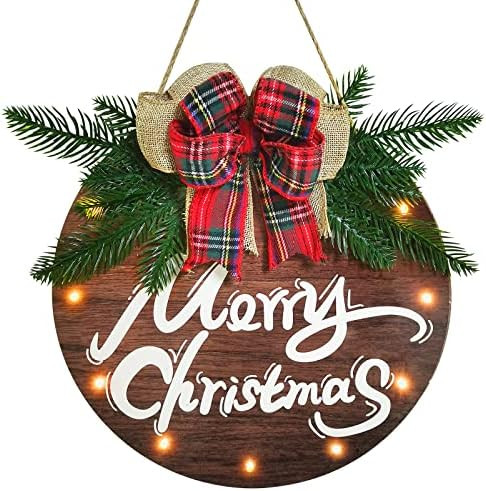 Davsolly Merry Christmas Welcome Sign Led Light Up Wooden Christmas Wreath with Plaid Bow for Front  | Amazon (US)