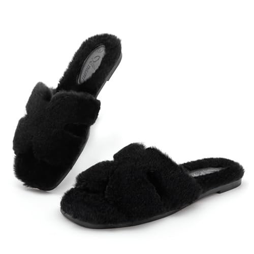 Athlefit Women's Fuzzy Slippers Cute Comfy Fluffy Open Toe Slip-on House Slide Slippers for Indoor Bedroom Bridesmaid, Black, Size 5.5, AD01354 | Amazon (US)