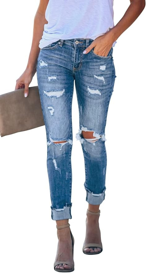 MINGALONDON Womens Ripped Boyfriend Jeans Mid Waisted Distressed Stretchy Denim Pants | Amazon (US)