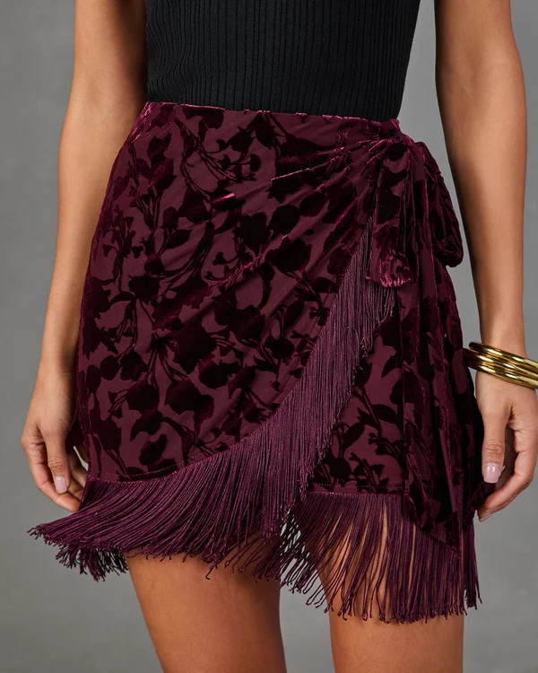 Peyton Floral Velvet Mesh Wrap Fringe Trim Mini Skirt | VICI