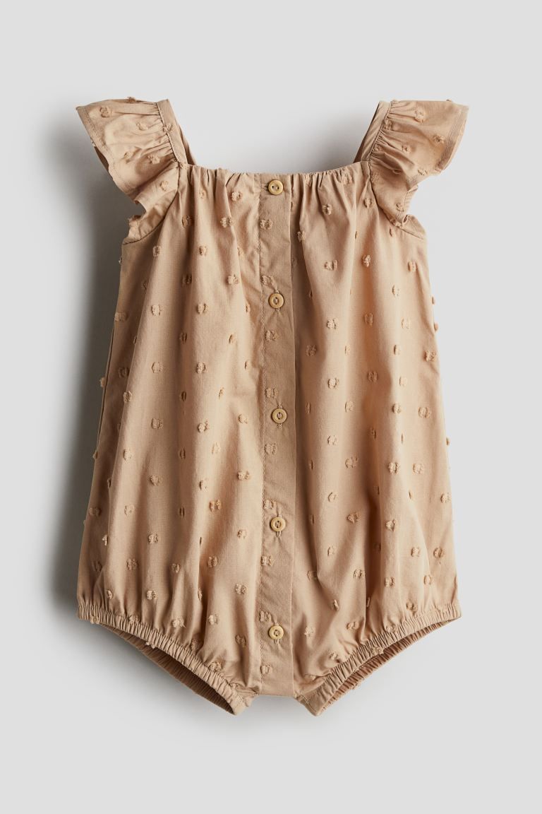 Cotton Romper Suit - Square Neckline - Short sleeve - Beige - Kids | H&M US | H&M (US + CA)