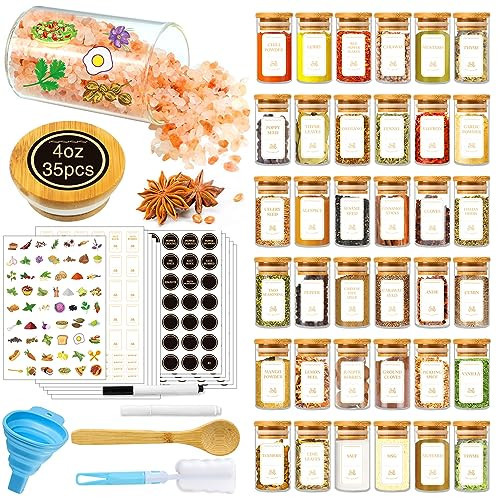BGraceyy Spice Jars with Labels, 35 Pcs 4 oz Glass Spice Jars with Bamboo Lids, Minimalist Stackable Airtight Spice Containers with 426 labels for Home Kitchen, Pantry, Spice Cabinet, Drawer, Rack | Amazon (US)