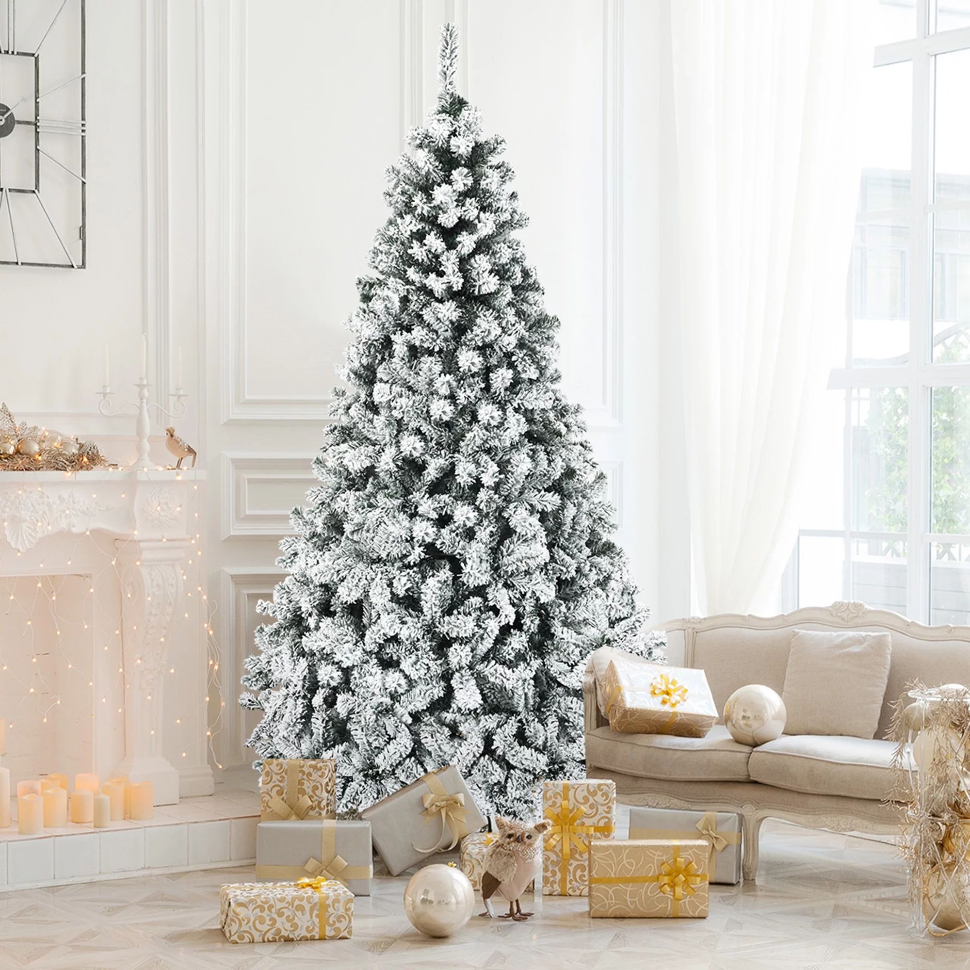 Gymax 7.5 FT Pre-Lit Christmas Tree Snow Flocked Hinged Pine Tree w/ Metal Stand | Walmart (US)