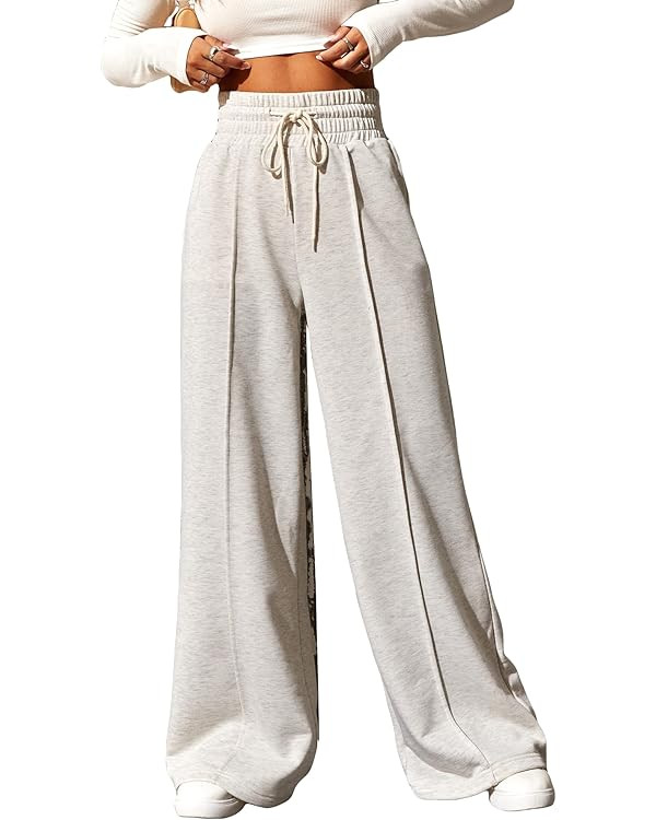 MakeMeChic Women's High Waist Baggy Split Hem Wide Leg Workout Athletic Sweatpants Bottom Pants | Amazon (US)