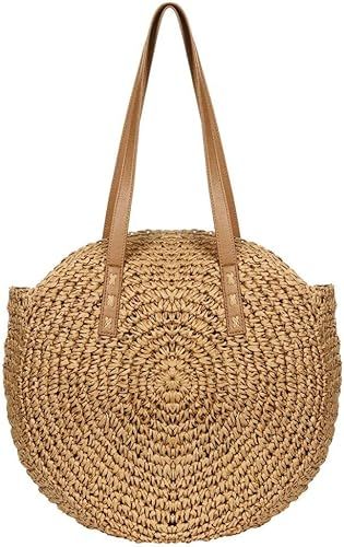 Women's Straw Handbags Large Summer Beach Tote Woven Round Pompom Handle Shoulder Bag | Amazon (US)