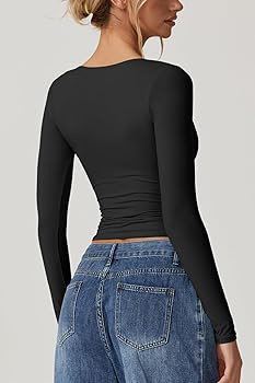 QINSEN Women's Long Sleeve V Neck T Shirts Double Lined Crop Top Seamed Cup Going Out Tops | Amazon (US)
