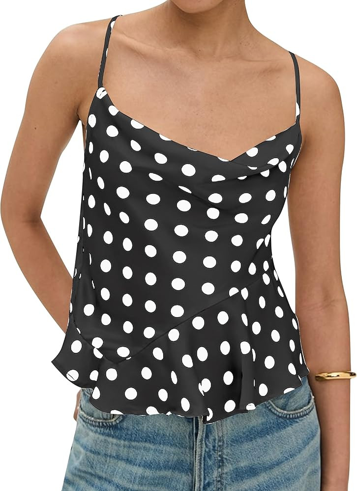 Womens Polka Dot Satin Tank Tops Cowl Neck Tie Back Sleeveless Shirts Asymmetrical Ruffle Hem Cam... | Amazon (US)