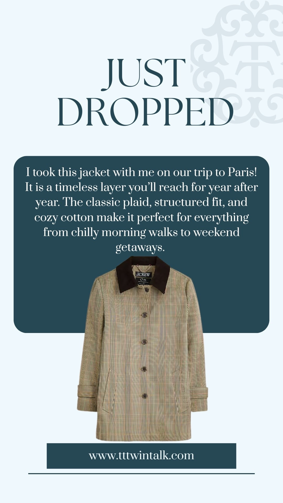 I took this jacket with me on our trip to Paris! It is a timeless layer you’ll reach for year after year. The classic plaid, structured fit, and cozy cotton make it perfect for everything from chilly morning walks to weekend getaways.

#LTKHoliday #LTKStyleTip #LTKGiftGuide