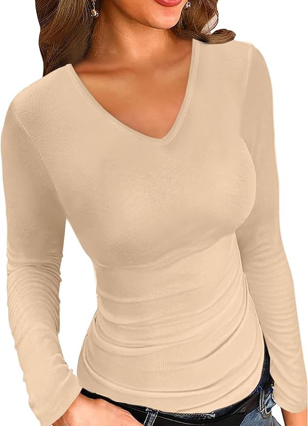 LOLONG Short/Long Sleeve T Shirts for Women Casual V Neck Tops Basic Ribbed Slim Fit Blouse | Amazon (US)