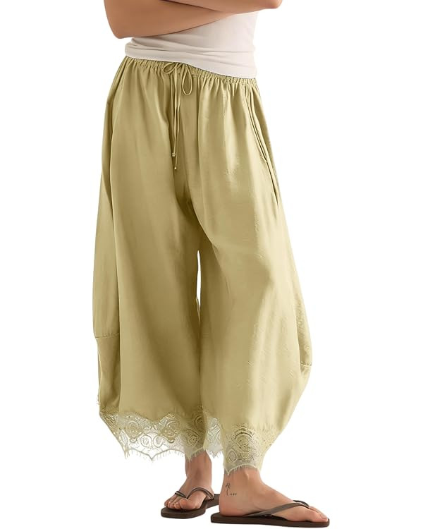 PUWEI Women's Cropped Lace-Hem Pants High Waisted Drawstring Wide Leg Pants Casual Lightweight Tr... | Amazon (US)