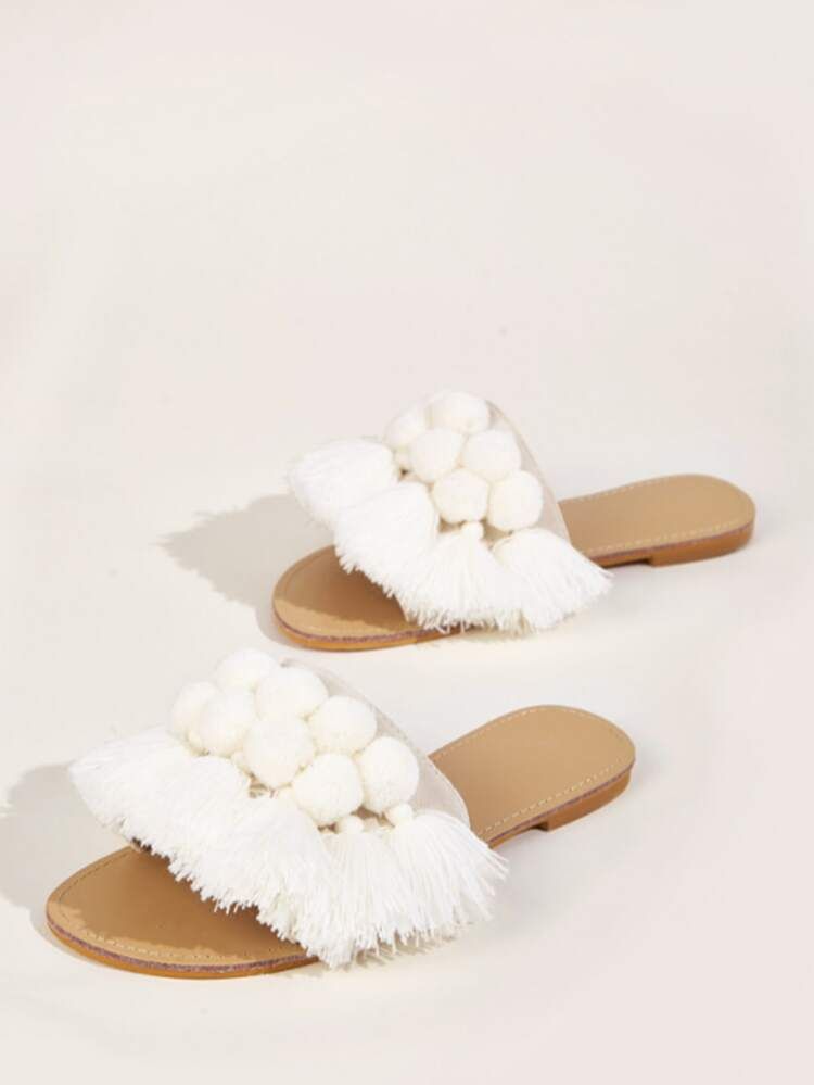 Pom Pom & Tassel Decor Flat Slide Sandals | SHEIN