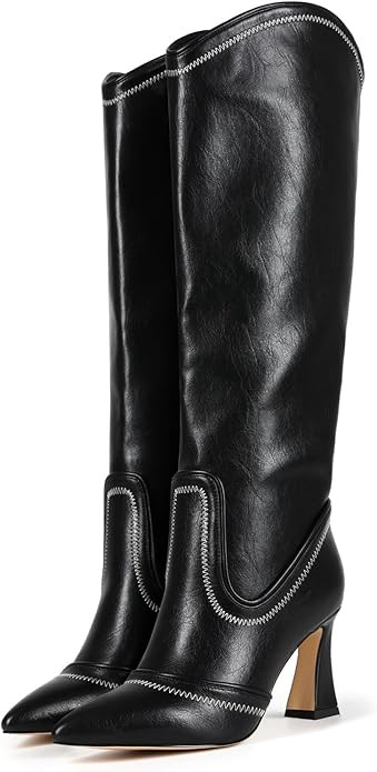 Women's Knee High Boots Pointed Toe 8cm Block Heel Wide Calf Slip On Leather Boots For Party Wedd... | Amazon (US)